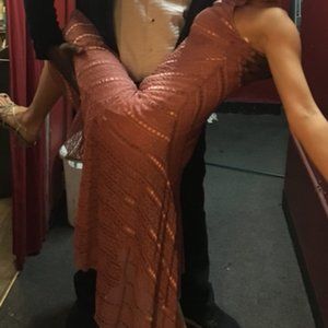 Pink, sequins, vintage high neck dress with flowy skirt